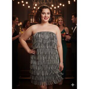 ELOQUII Strapless Fringe Plus Size Cocktail Party Dress Black/White size 16